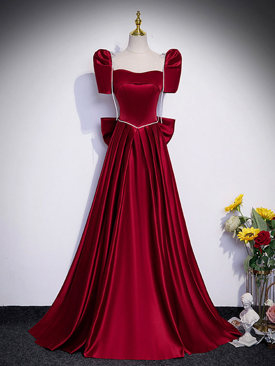 Beautiful Satin Floor Length Prom Dress with Bowknot, Burgundy Short Sleeve Evening Dress