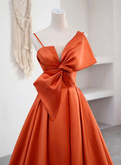 Spaghetti Straps Orange Satin Prom Formal Dress, A-Line Floor Length Evening Dress