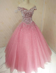 Lovely Pink Tulle Off Shoulder Sweet 16 Party Dress, Long Formal Gown