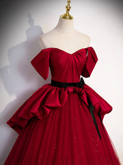 Burgundy Sweetheart Neck Formal Dress, A-Line Tulle Floor Length Prom Dress