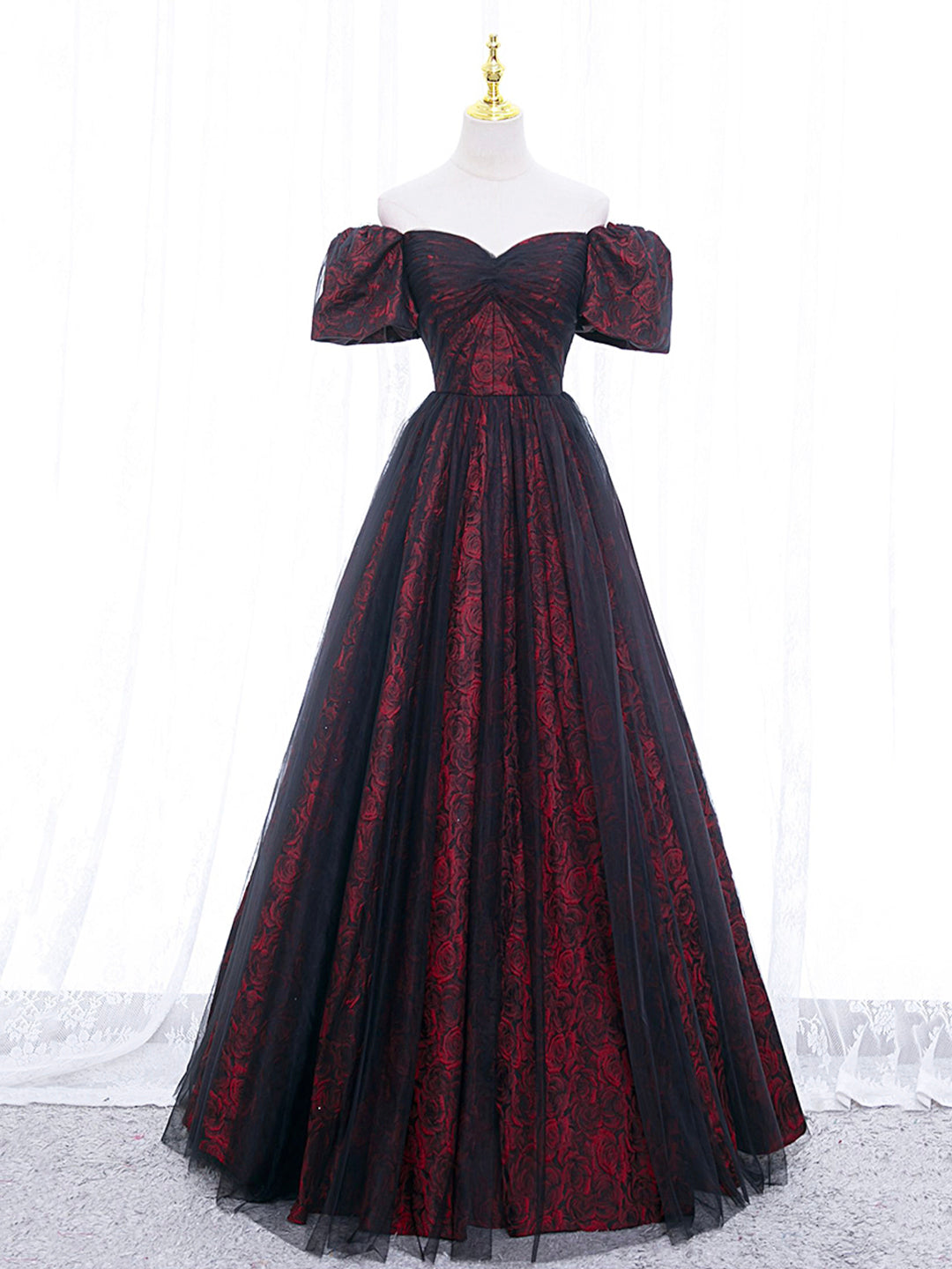 Black Tulle A-Line Prom Dress with Rose Print, Black Off Shoulder Evening Party Dress