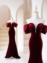 Burgundy Velvet Long Prom Dress, Mermaid Off Shoulder Evening Party Dress