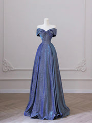 Shiny Off the Shoulder Floor Length Blue A-Line Prom Dress