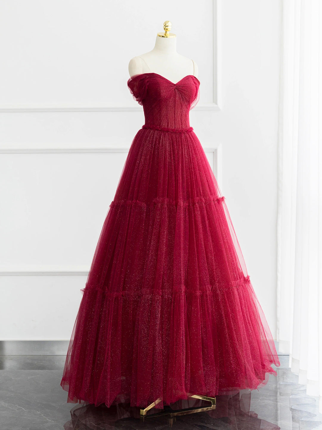 Burgundy Shiny Tulle Long Prom Dress, Beautiful A-Line Off the Shoulder Evening Dress