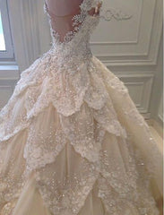 Luxurious Off the Shoulder Beading Wedding Dress Crystal Tiered Chapel Train Bridal Gowns