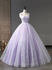 Light Purple Tulle Straps Long Prom Dress, Purple A-Line Princess Dress