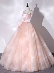 Pink Strapless Tulle Long Formal Dress, Pink A-line Prom Dress with Feathers