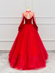 Red Velvet Tulle Floor Length Prom Dress, Beautiful Long Sleeve Evening Party Dress