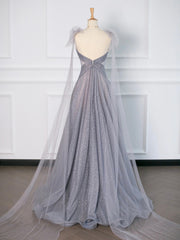 Gray Tulle V-Neck Floor Length Prom Dress, A-Line Backless Evening Party Dress