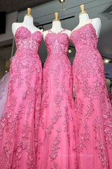 Mermaid Hot Pink Lace Long Prom Dress, Long Hot Pink Formal Graduation Evening Dress