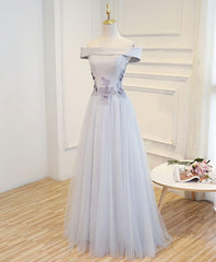 Gray A Line Off Shoulder Floor Length Prom Dress, Lace Evening Dress