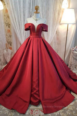 Off Shoulder Burgundy Satin Long Prom Dress, V Neck Burgundy Formal Evening Dress, Burgundy Ball Gown