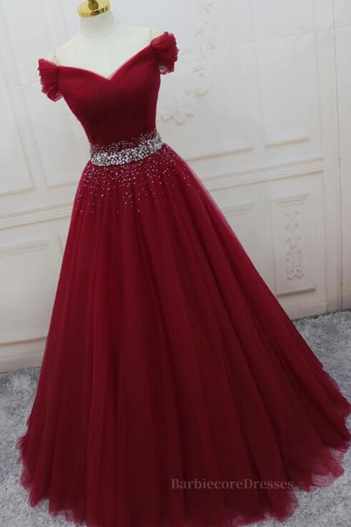 Off Shoulder Burgundy Tulle Long Prom Dresses with Sequins, Burgundy Tulle Formal Evening Dresses