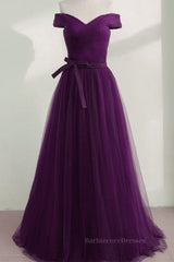 Off Shoulder Purple Tulle Long Prom Dresses, Off the Shoulder Purple Formal Dresses, Purple Evening Dresses