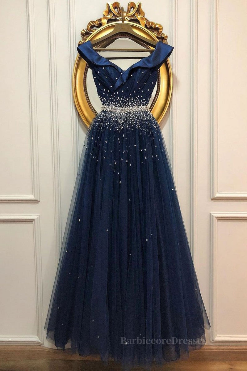 Off Shoulder Sequins Dark Blue Long Prom Dress, Dark Blue Formal Dress, Off Shoulder Evening Dress