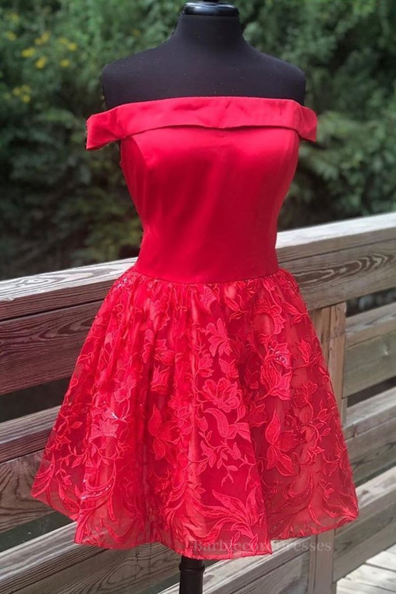 Off Shoulder Short Red Lace Prom Dress, Off Shoulder Red Lace Formal Graduation Dress, Red Lace Homecoming Dress