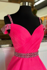 Off Shoulder Tulle Beaded Long Formal Dress, Hot Pink Evening Party Dress