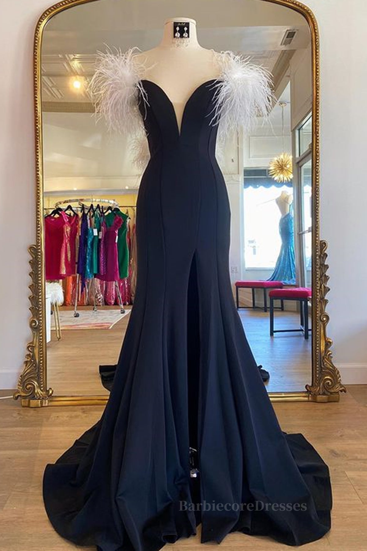 Off Shoulder V Neck Mermaid Black Long Prom Dress, Mermaid Black Formal Dresses, Black Evening Dresses