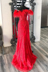 Off Shoulder V Neck Mermaid Red Lace Long Prom Dress with High Slit, Mermaid Red Formal Dress, Red Lace Evening Dress