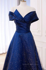 Off the Shoulder Blue Long Prom Dresses, Off Shoulder Long Formal Evening Dresses