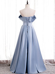 Off the Shoulder Blue Satin Long Prom Dresses, Off Shoulder Blue Formal Evening Dresses