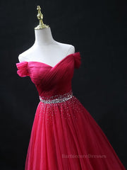 Off the Shoulder Burgundy Prom Dresses with Beaded Belt, Wine Red Long Formal Evening Dresses