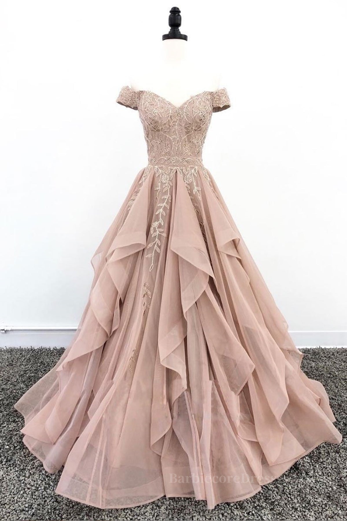 Off the Shoulder Champagne Lace Prom Dresses, Off Shoulder Champagne Lace Formal Evening Dresses