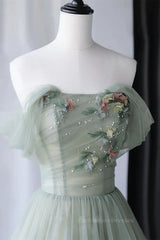 Off the Shoulder Green Tulle Long Prom Dresses, Green Tulle Off Shoulder Formal Evening Dresses