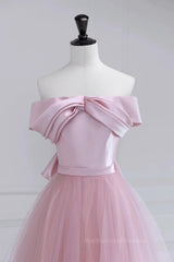 Off the Shoulder Pink Prom Dresses, Pink Tulle Formal Evening Dresses