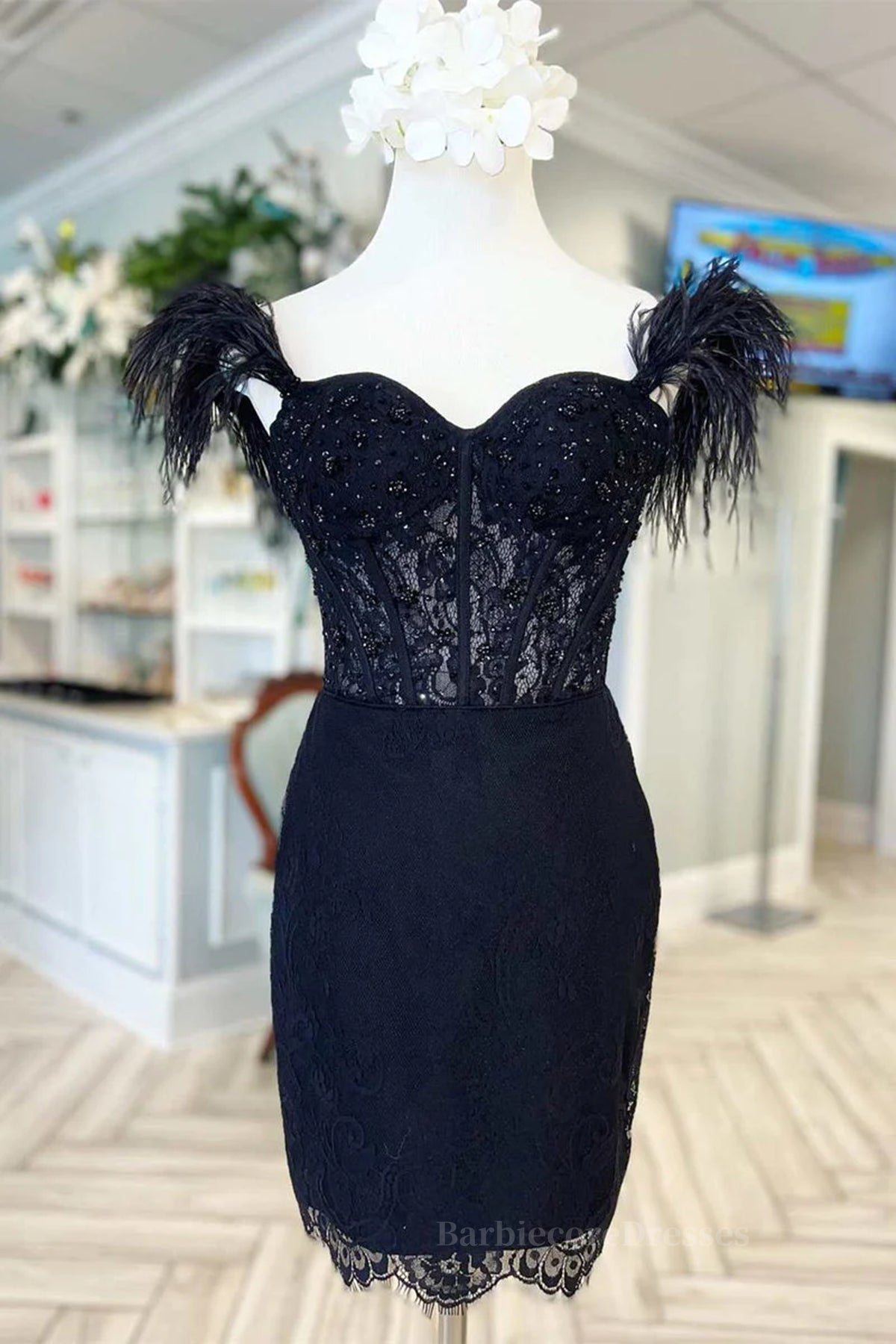 Off the Shoulder Short Black Lace Prom Dresses, Short Black Lace Formal Homecoming Dresses