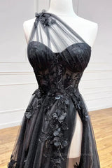 One Shoulder Black Lace Prom Dresses, One Shoulder Black Lace Formal Evening Dresses