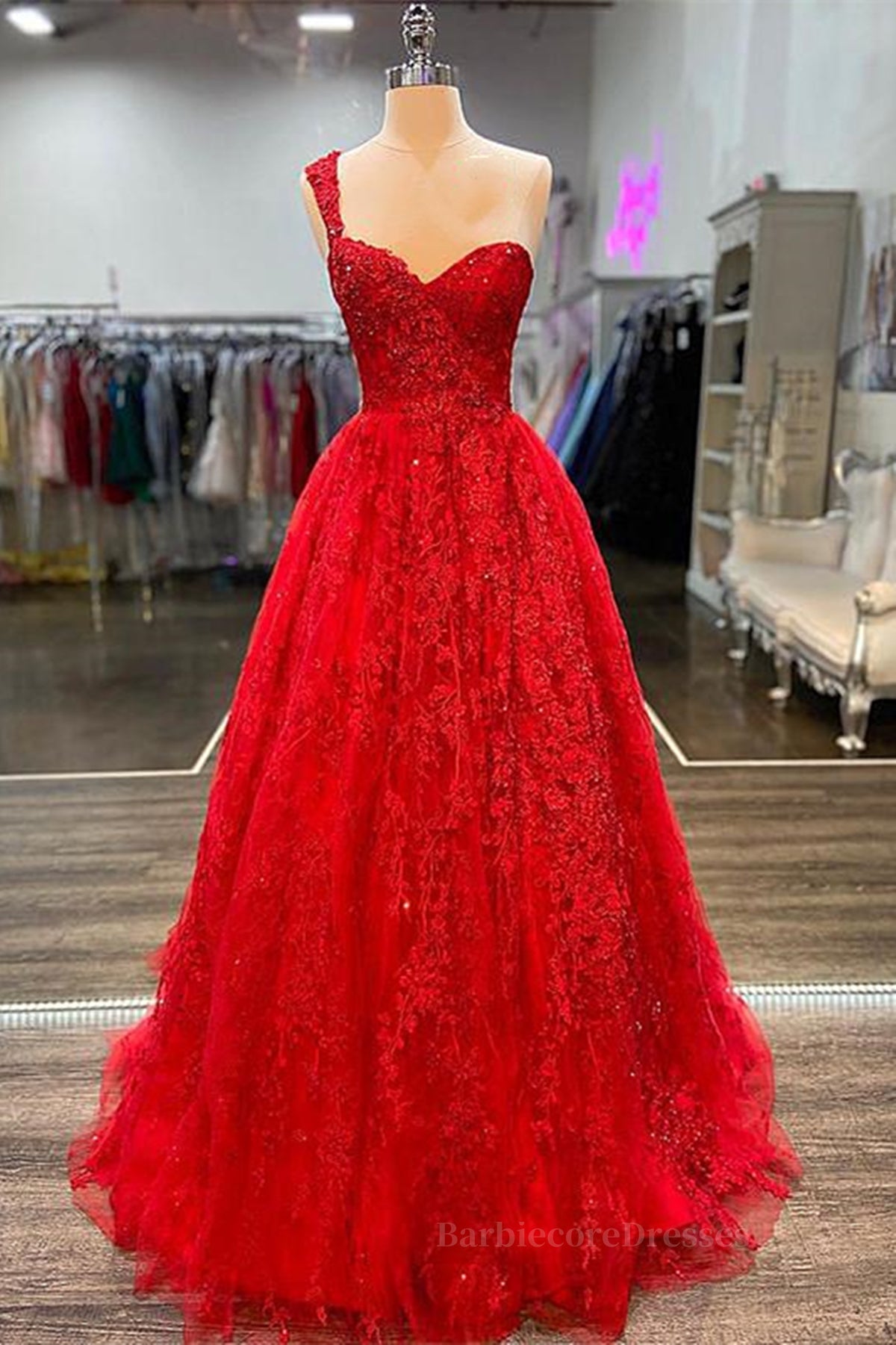 One Shoulder Red Lace Prom Dresses, One Shoulder Red Lace Formal Evening Dresses