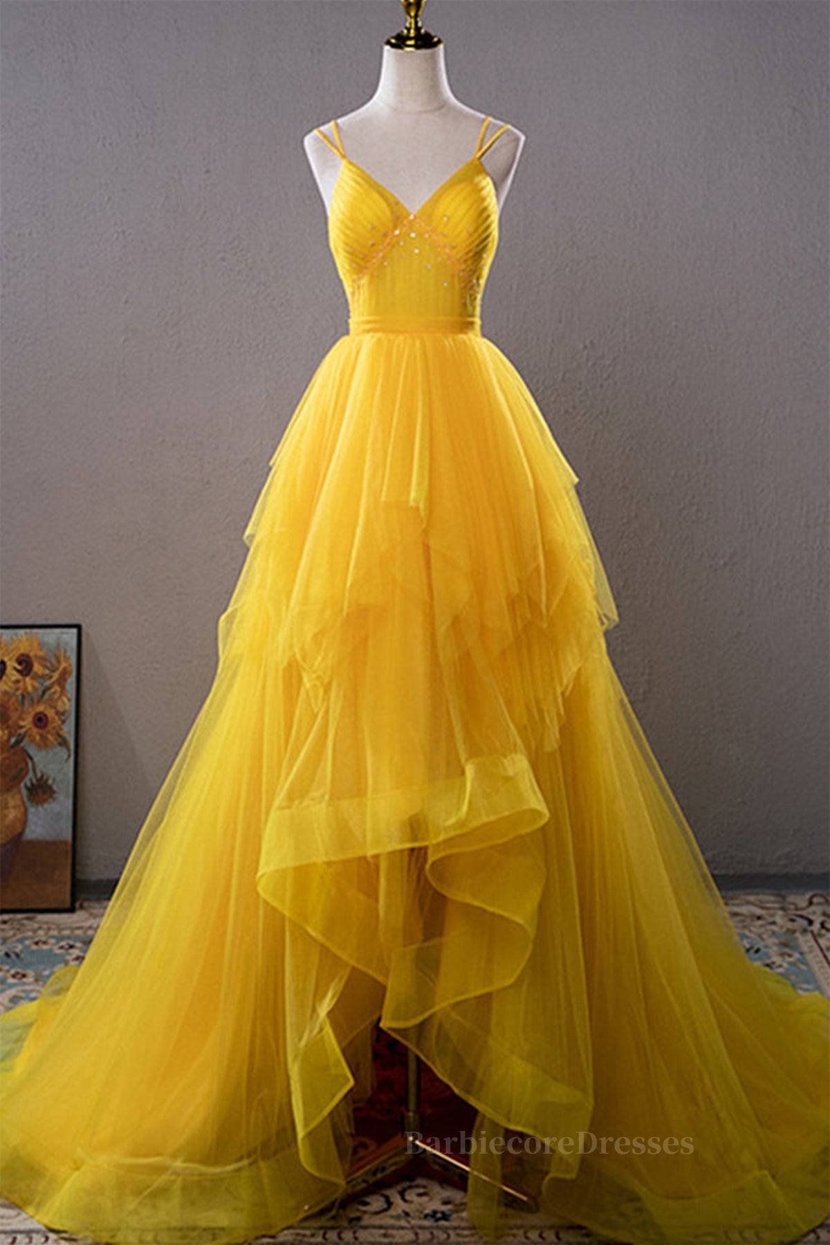 Open Back V Neck High Low Yellow Tulle Long Prom Dress, High Low Yellow Formal Evening Dress