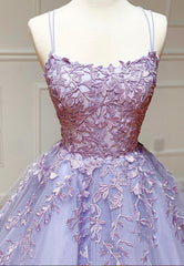 Purple Lace Long Prom Dresses, A-Line Backless Evening Dresses