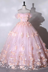 Pink Flowers Sweetheart Ball Gown Formal Dresses, Pink Long Sweet 16 Dresses