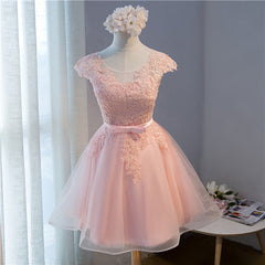 Pink Lovely Cap Sleeves Knee Length Formal Dress, Pink Tulle Prom Dress