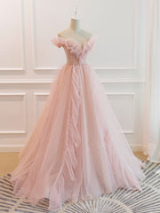 Pink Off Shoulder Tulle Long Prom Dress, Pink A line Tulle Graduation Dress