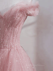 Pink off shoulder tulle sequin long prom dress, pink formal dress