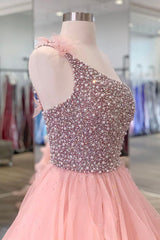 Pink One Shoulder Beaded Prom Dress, Pink Tulle Layers Evening Gown