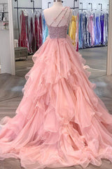 Pink One Shoulder Beaded Prom Dress, Pink Tulle Layers Evening Gown