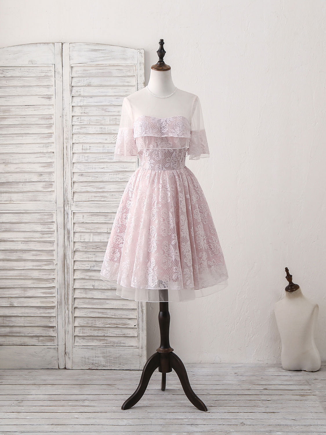 Pink Round Neck Lace Tulle Short Prom Dress, Pink Homecoming Dress