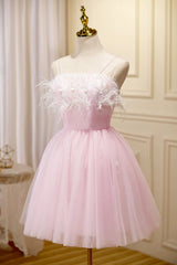 Pink Spaghetti Strap Tulle Short Prom Dress with Feather, Pink Party Dress