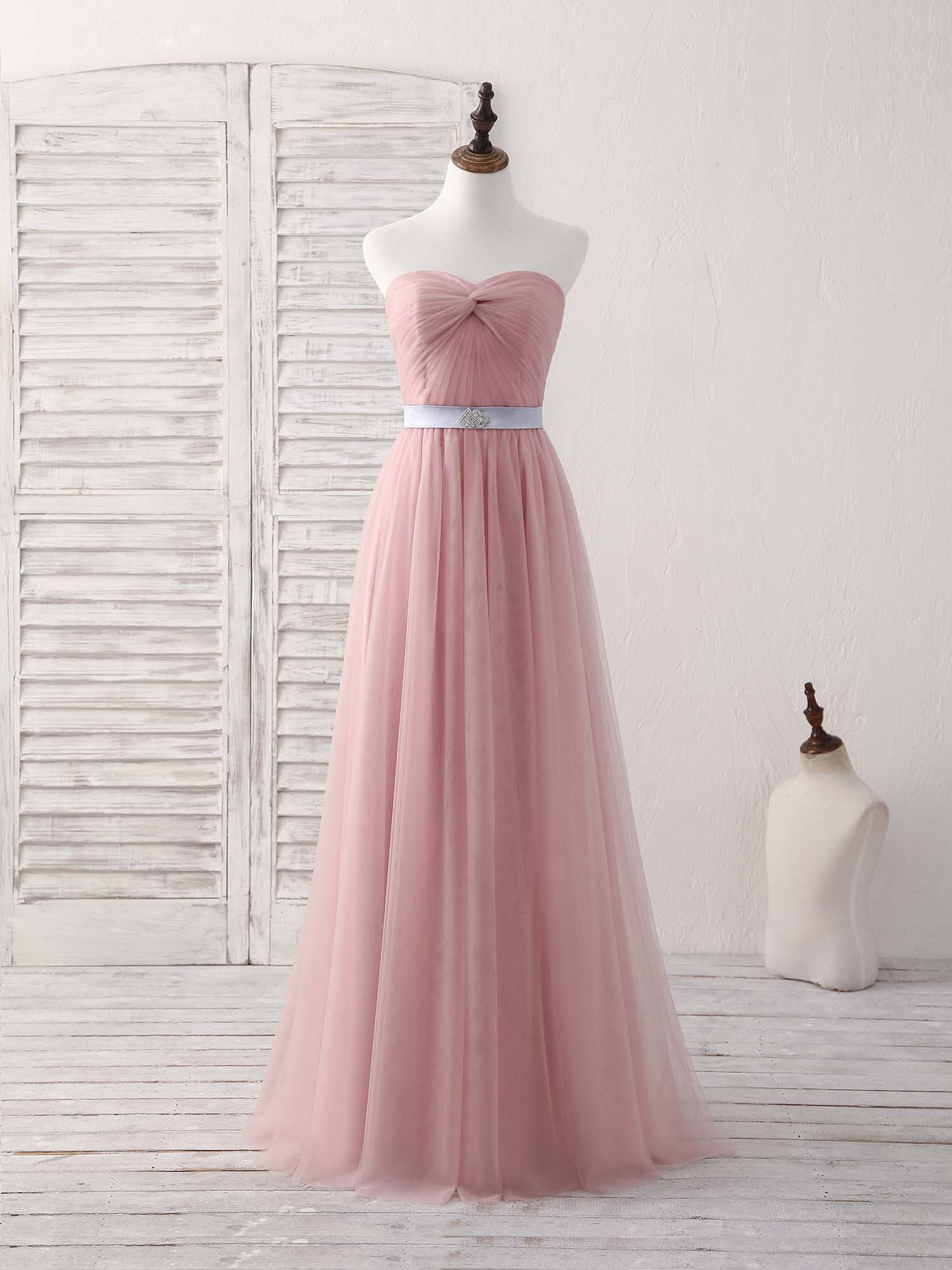 Pink Sweetheart Neck Tulle Long Prom Dress, Aline Pink Bridesmaid Dress