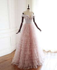 Pink Sweetheart Off Shoulder Tulle Long Prom Dress Pink Evening Dress