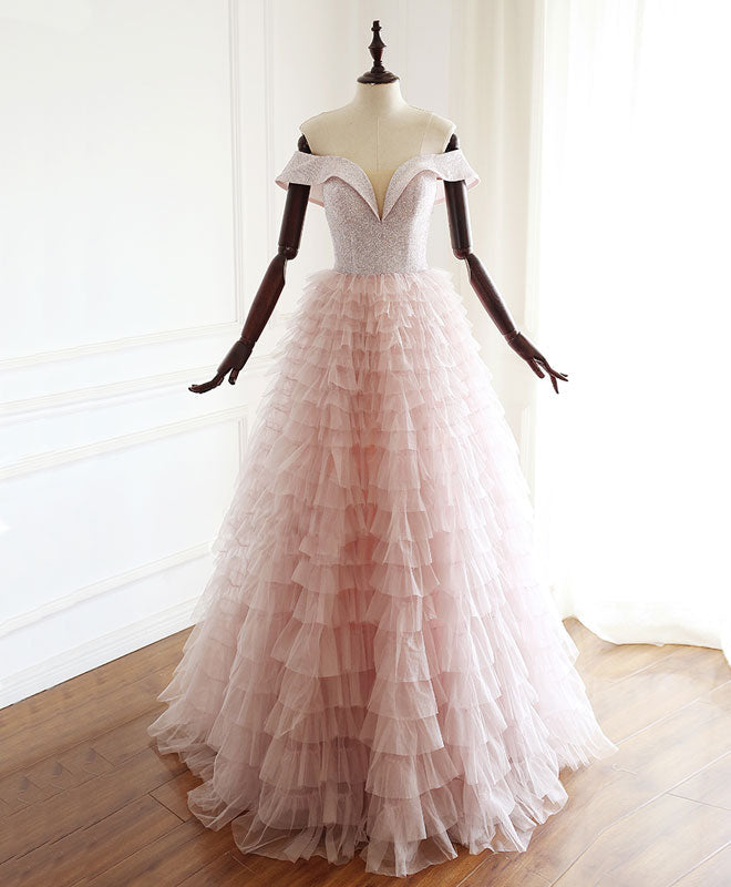 Pink Sweetheart Off Shoulder Tulle Long Prom Dress Pink Evening Dress