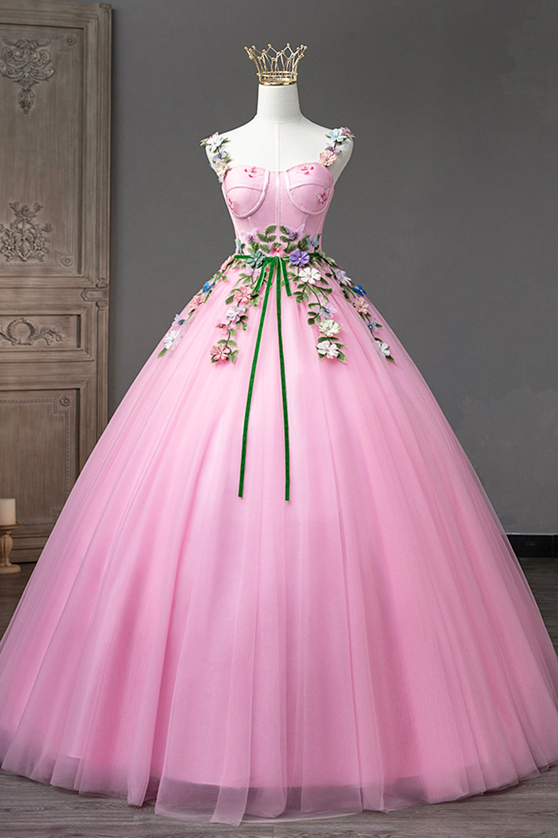 Pink Tulle Flower Long Prom Dresses, Cute Spaghetti Sweet 16 Dresses