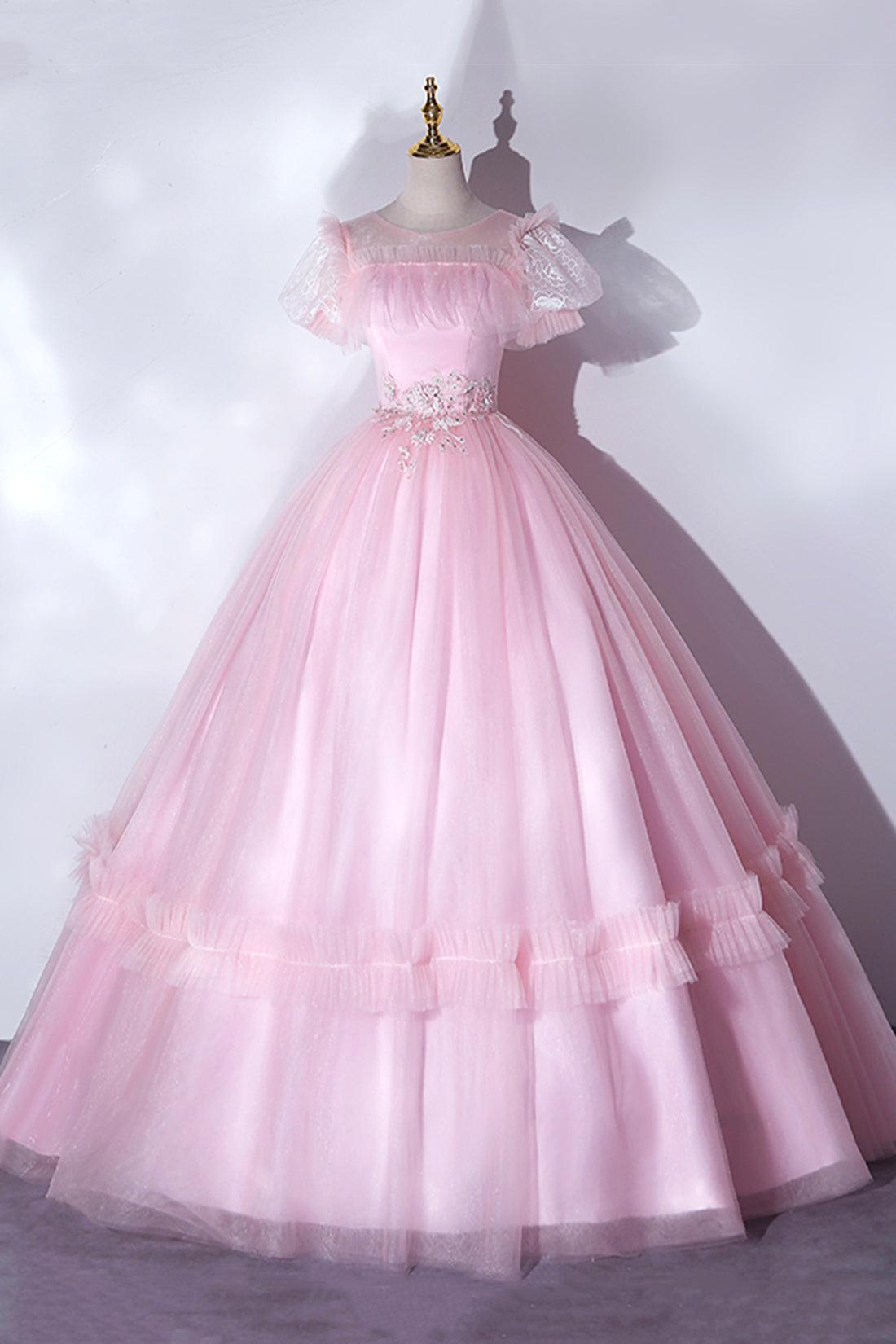 Pink Tulle Lace Long Prom Dress, Lovely A-Line Short Sleeve Evening Dress