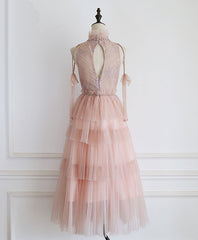 Pink Tulle Lace Prom Dress, Tulle Lace Homecoming Dress