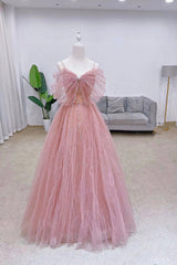 Pink Tulle Long A-Line Prom Dress with Bow, Pink Evening Graduation Dress