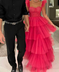 Pink tulle prom dresses long evening dress